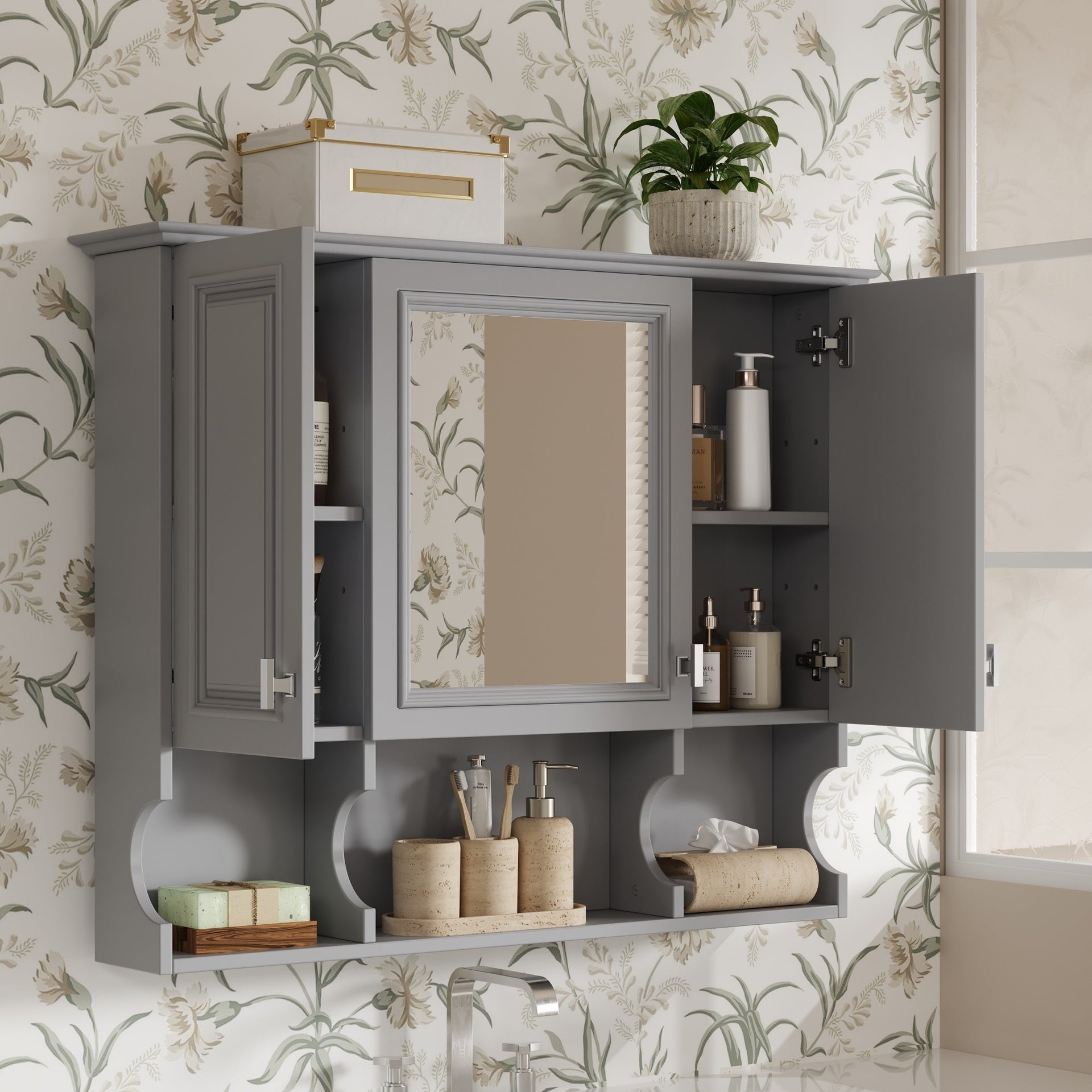 35'' x 28'' Wall Mounted Bathroom Medicine Cabinet, Modern Bathroom Wall Cabinet with Mirror,  Mirror Cabinet with Open Shelves
