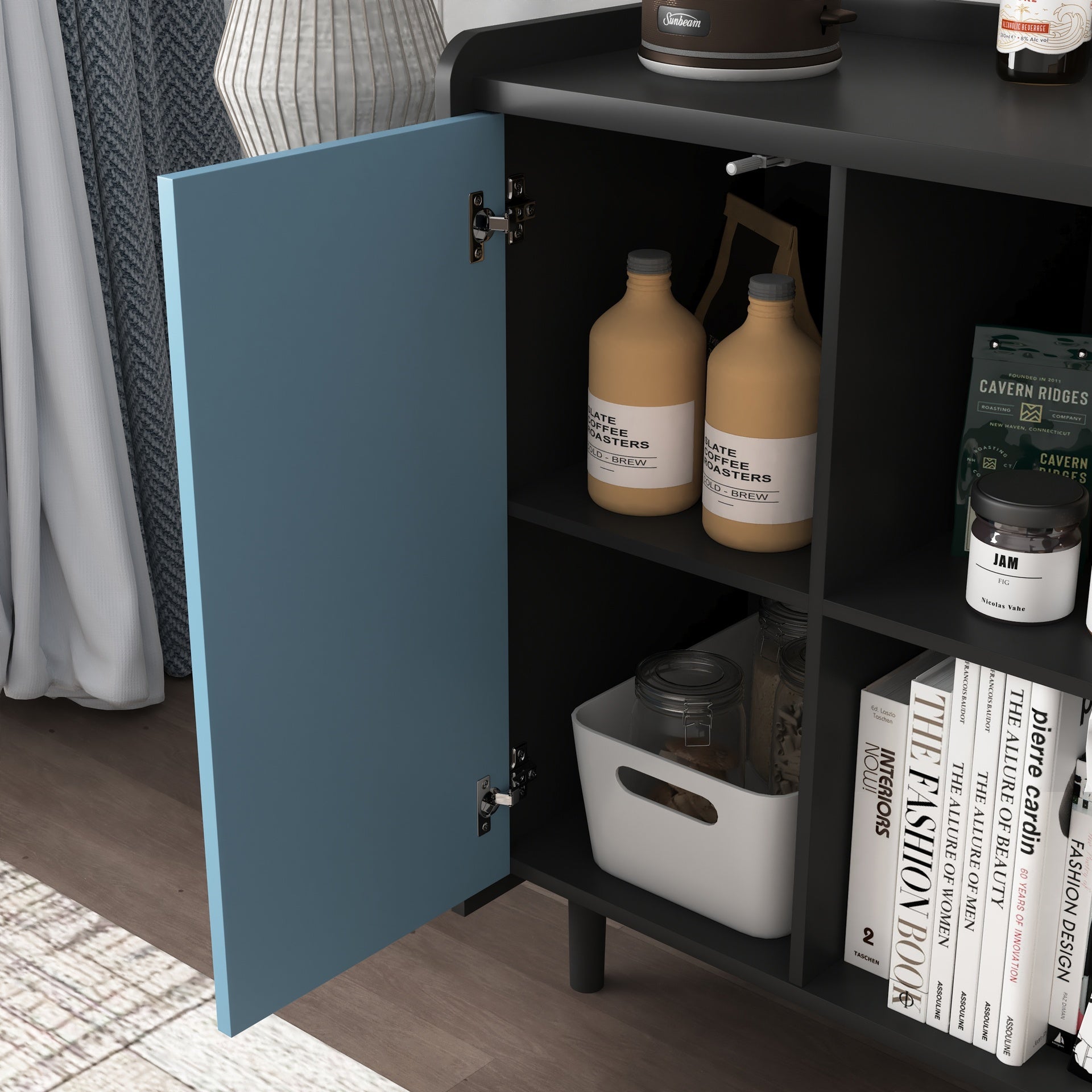 Sideboard Buffet Cabinet, Black Storage Cabinet with Red Doors , 2 Drawers with unique panel styling and 2 Open Storage Compartment, Modern Coffee Bar Cabinet Accent Cabinet for Kitchen, Dining Room,