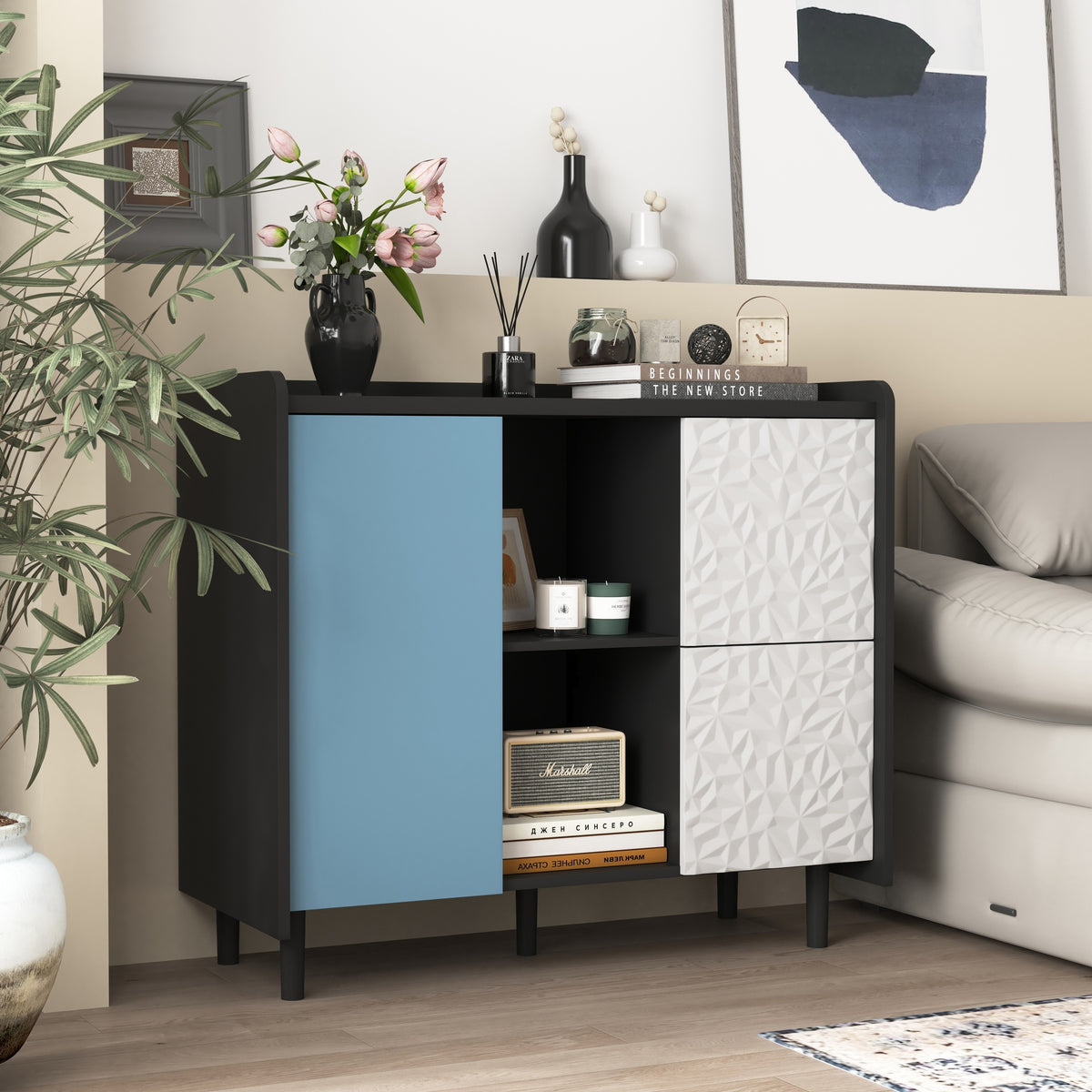 Sideboard Buffet Cabinet, Black Storage Cabinet with Red Doors , 2 Drawers with unique panel styling and 2 Open Storage Compartment, Modern Coffee Bar Cabinet Accent Cabinet for Kitchen, Dining Room,