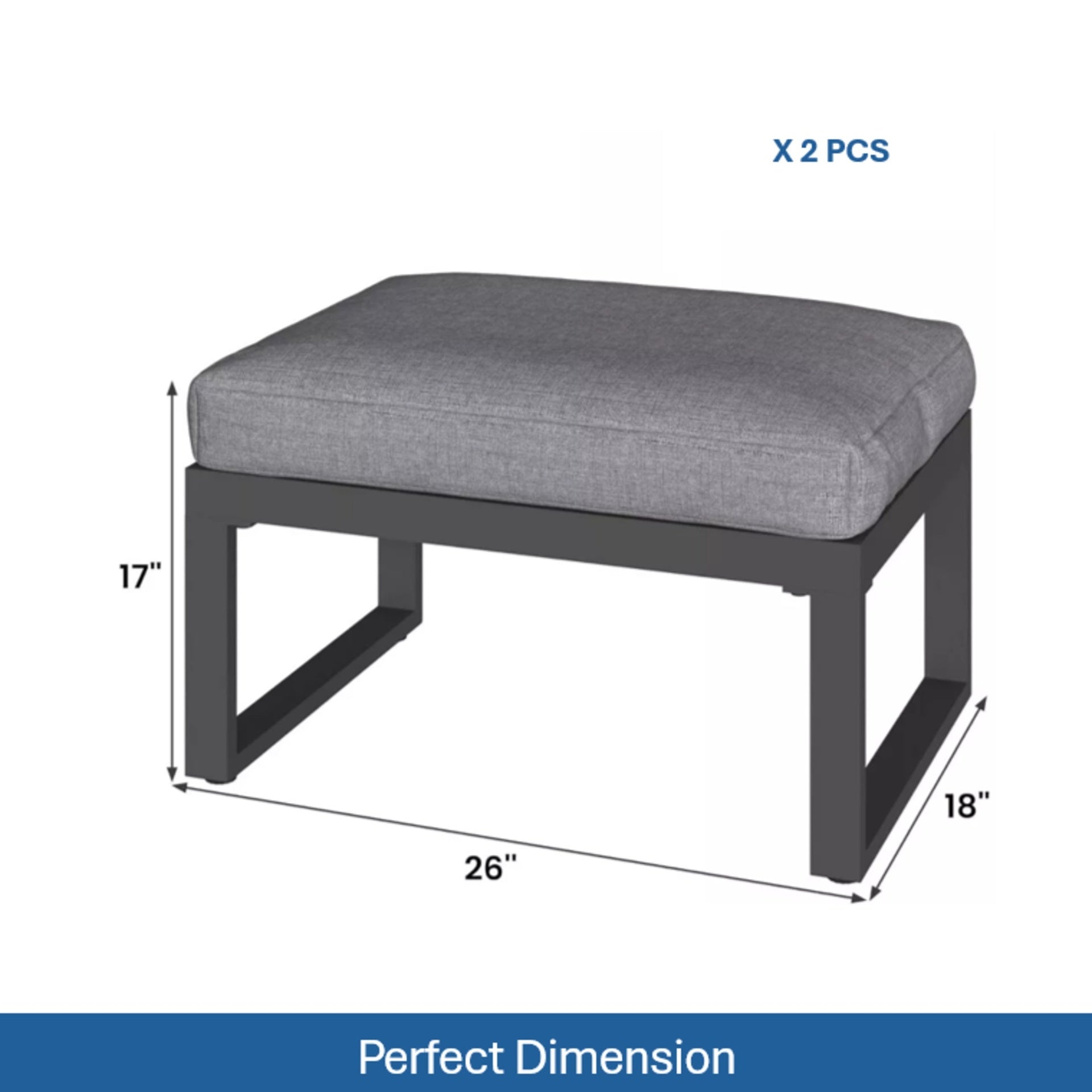 Set of 2 26" All-Weather Aluminum Patio Ottomans Footrests with Thick Gray Cushions