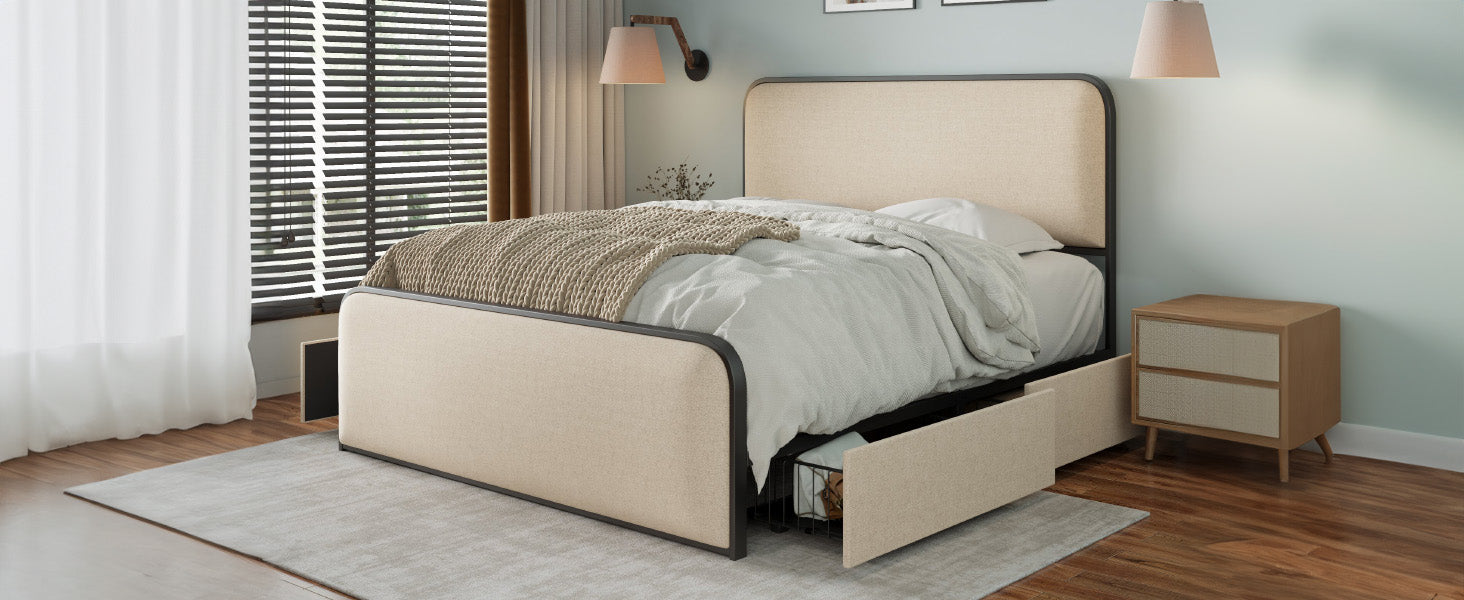 Modern Metal Bed Frame with Curved Upholstered Headboard and Footboard Bed with 4 Storage Drawers, Heavy Duty Metal Slats, King Size, Beige