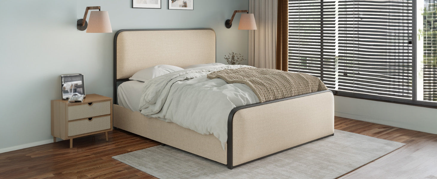 Modern Metal Bed Frame with Curved Upholstered Headboard and Footboard Bed with 4 Storage Drawers, Heavy Duty Metal Slats, King Size, Beige