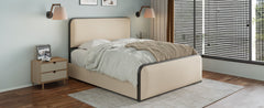 Modern Metal Bed Frame with Curved Upholstered Headboard and Footboard Bed with 4 Storage Drawers, Heavy Duty Metal Slats, King Size, Beige