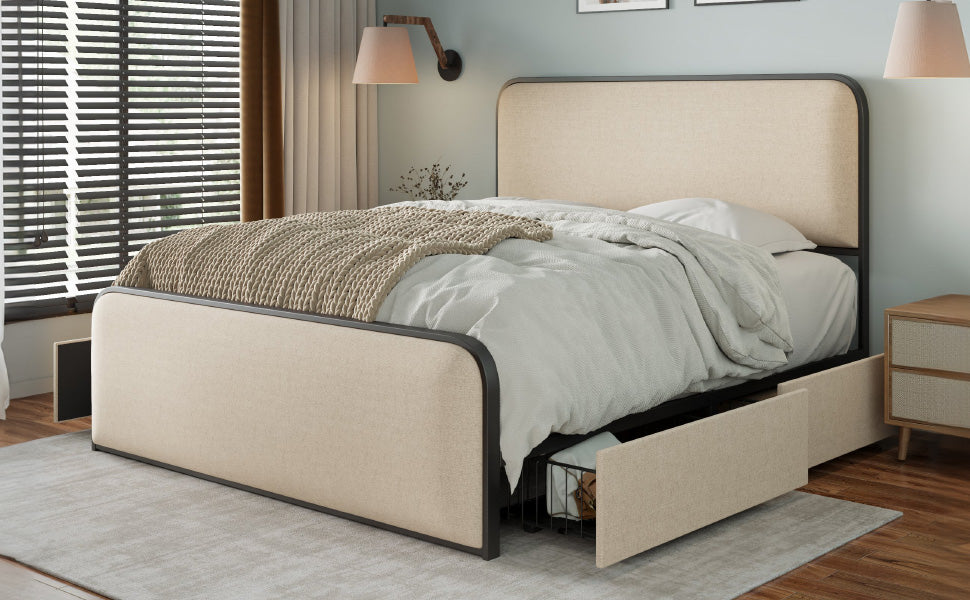 Modern Metal Bed Frame with Curved Upholstered Headboard and Footboard Bed with 4 Storage Drawers, Heavy Duty Metal Slats, King Size, Beige