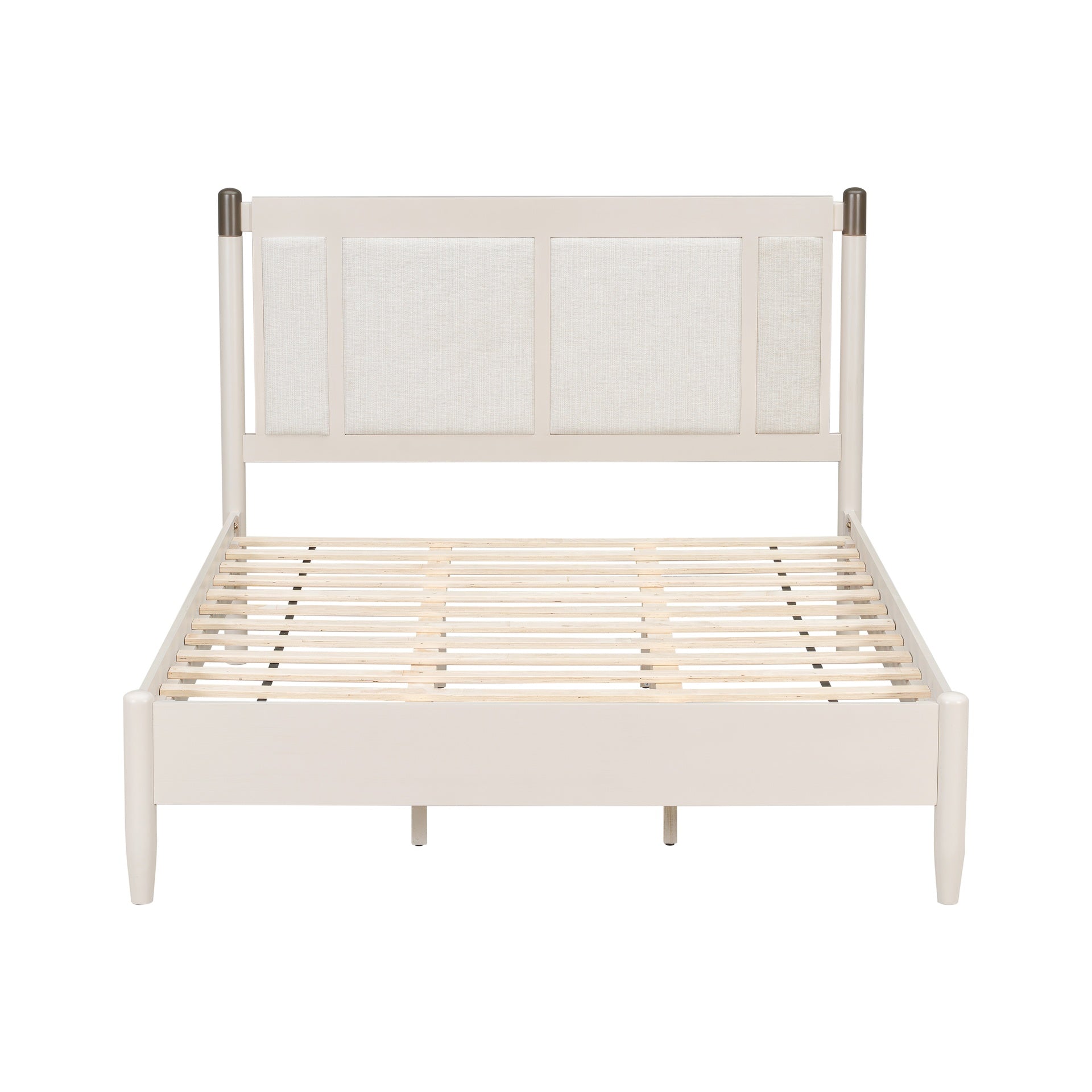 Solid Wood Queen Bed, Heavy Duty 500 lbs Support, No Box Spring Needed, grey Upholstered Headboard with Metal Handles