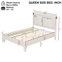 Solid Wood Queen Bed, Heavy Duty 500 lbs Support, No Box Spring Needed, grey Upholstered Headboard with Metal Handles