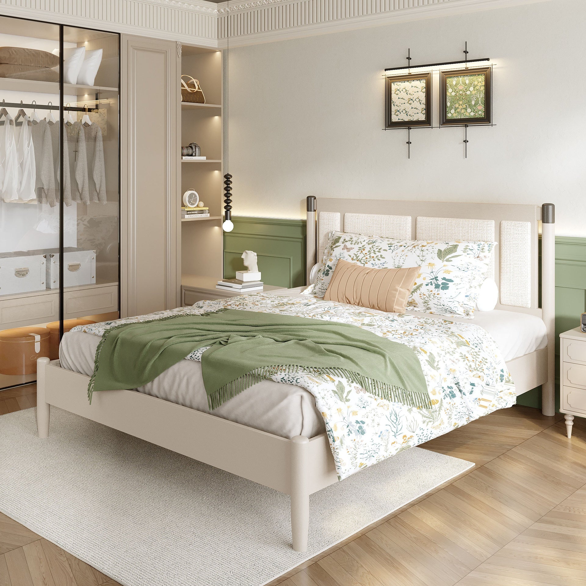 Solid Wood Queen Bed, Heavy Duty 500 lbs Support, No Box Spring Needed, grey Upholstered Headboard with Metal Handles