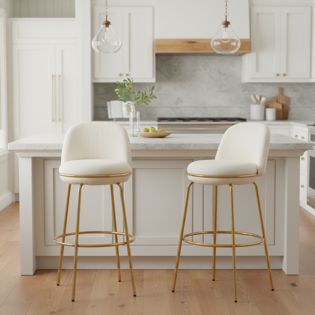 Rio Claro Indoor Metal Upholstered Barstool, Gold Finished Frame and Beige Upholstery, Set of 2