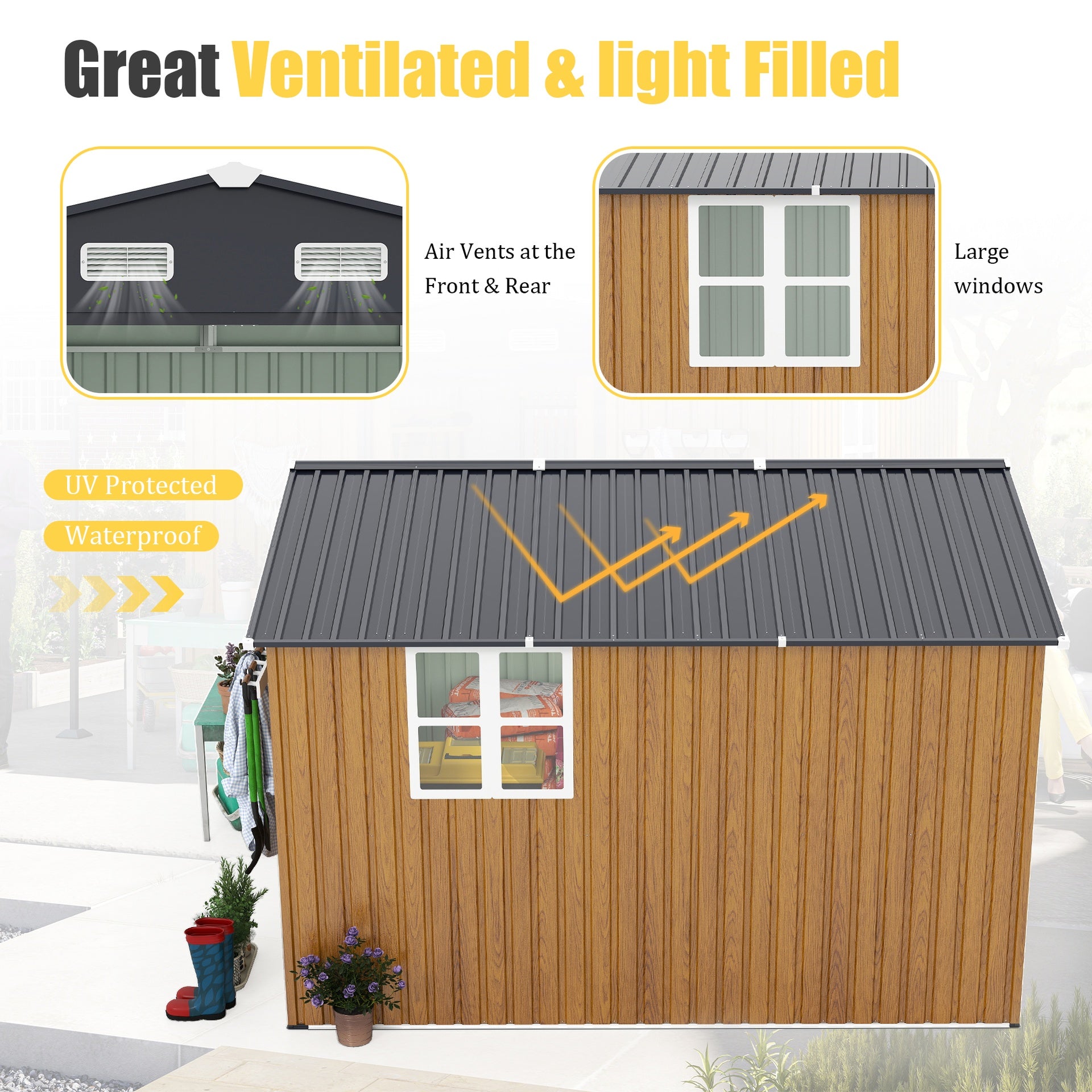 10x12 Ft Outdoor Storage Shed, Extra Large Metal Shed with Lockable Doors, Windows, Outside Steel Tiny House Ideal for Garden, Backyard, Patio Utility, Tool Storage, Chicken Coops