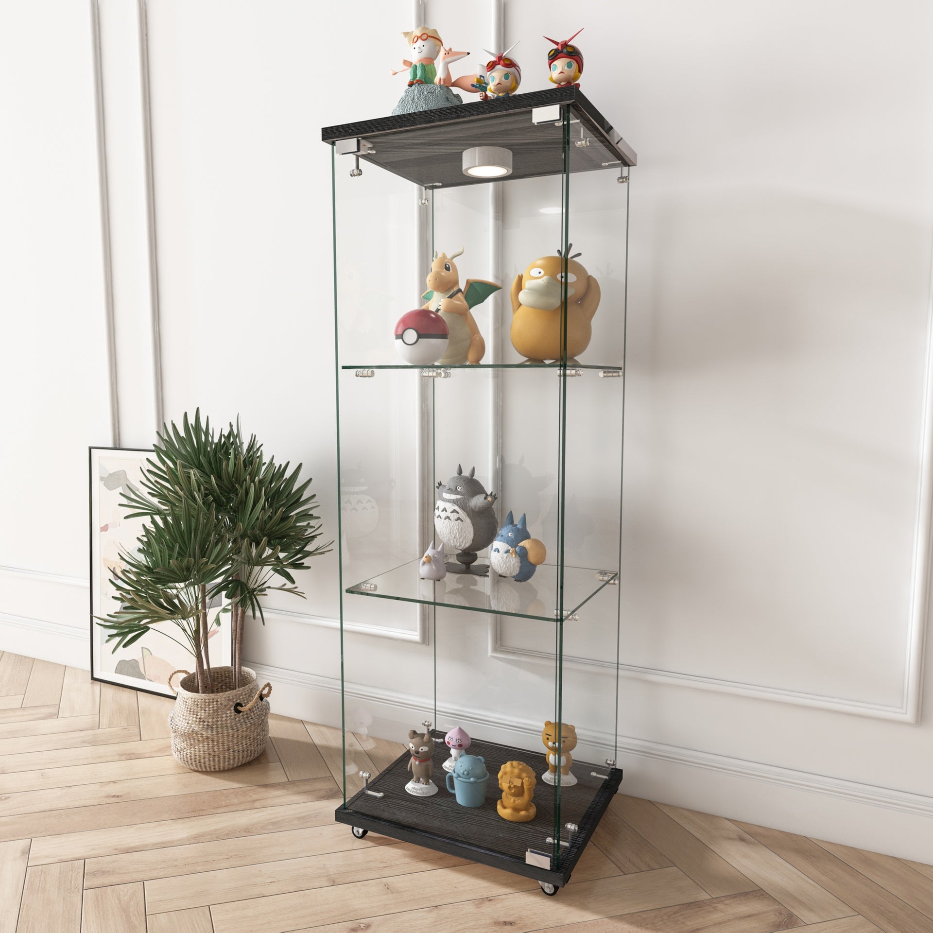 Modern Glass Display Cabinet with LED lights, Quick-assembly Antique Cabinet, Tempered Glass Bookshelf, Suitable for Living Room and Bedrooms, 1-door 3-shelf, Black