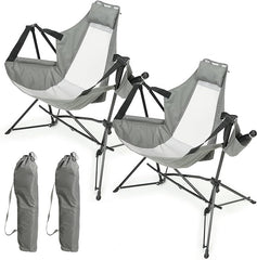 Hammock Camping Chair, Folding Portable Rocking Chair, Aluminum Alloy Adjustable Back Swinging Chair with Pillow Cup Holder, Recliner with Carry Bag for Outdoor Travel Lawn Backyard, Grey  (2pcs)