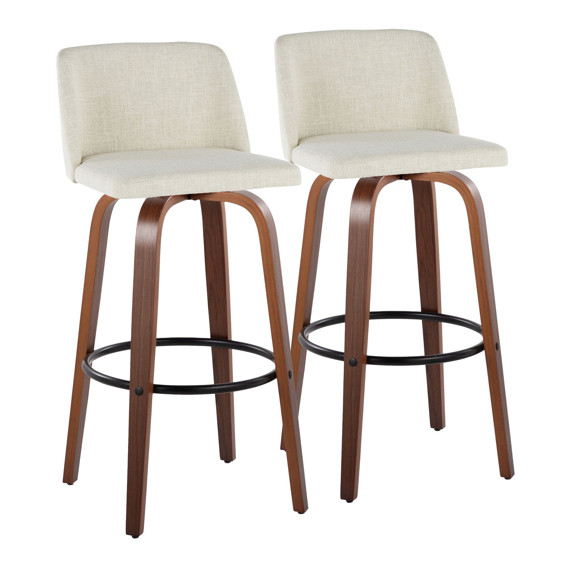Toriano 30" Mid-Century Modern Fixed-Height Barstool with Swivel in Walnut Wood and Cream Fabric with Round Black Metal Footrest by LumiSource - Set of 2