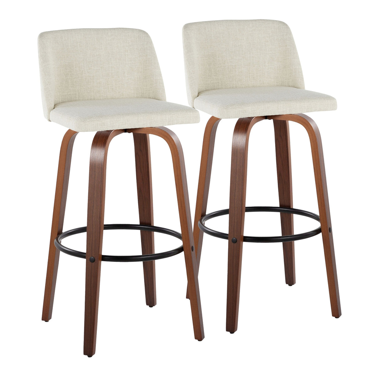 Toriano 30" Mid-Century Modern Fixed-Height Barstool with Swivel in Walnut Wood and Cream Fabric with Round Black Metal Footrest by LumiSource - Set of 2