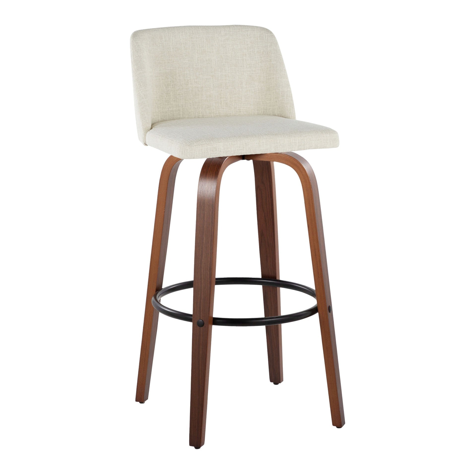 Toriano 30" Mid-Century Modern Fixed-Height Barstool with Swivel in Walnut Wood and Cream Fabric with Round Black Metal Footrest by LumiSource - Set of 2