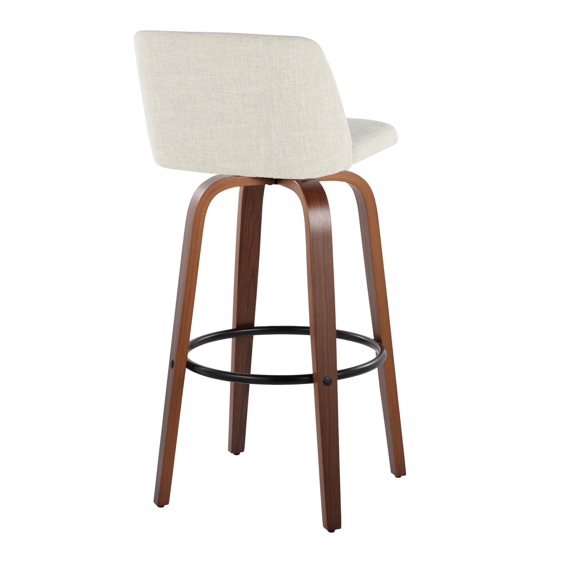 Toriano 30" Mid-Century Modern Fixed-Height Barstool with Swivel in Walnut Wood and Cream Fabric with Round Black Metal Footrest by LumiSource - Set of 2