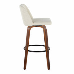 Toriano 30" Mid-Century Modern Fixed-Height Barstool with Swivel in Walnut Wood and Cream Fabric with Round Black Metal Footrest by LumiSource - Set of 2