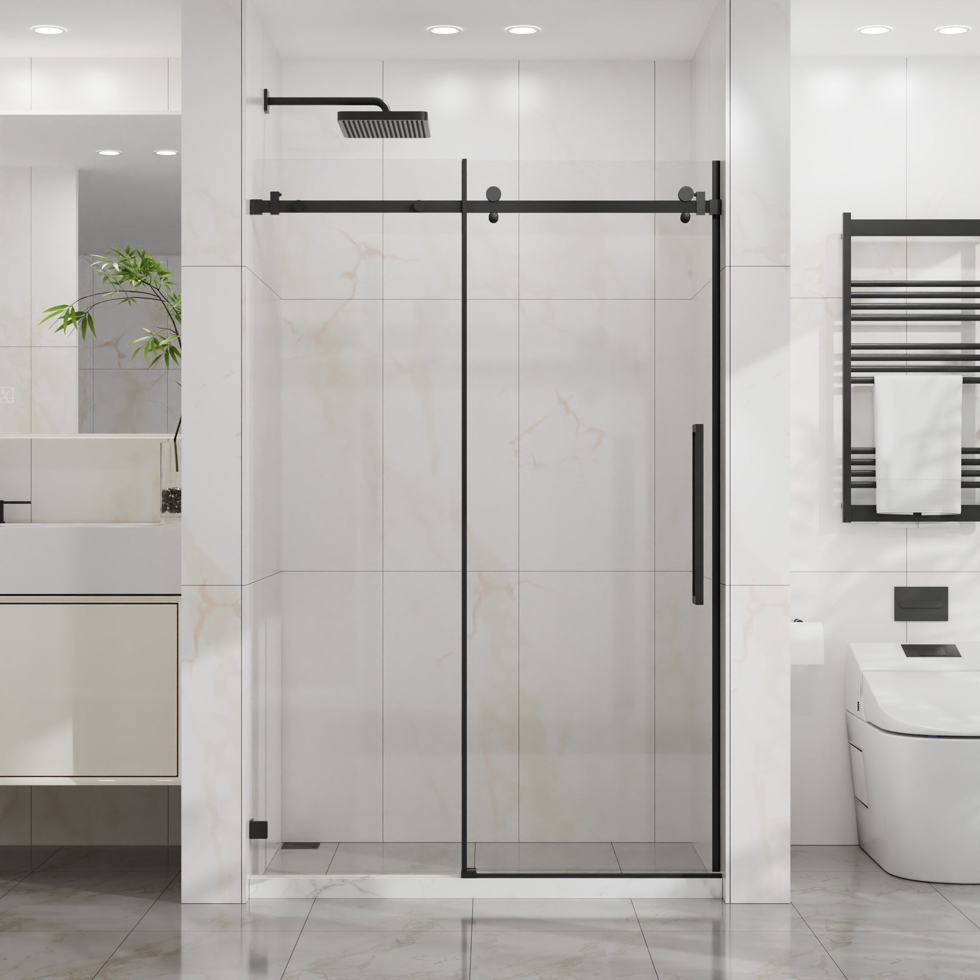 Goodyo 48" W x 72" H Sliding Shower Door, Frameless Sleek Glass Shower Door, 1/4" (6mm) Thick Tempered Clear Glass with Easy-clean Coating, Stainless Steel Hardware, Matte Black