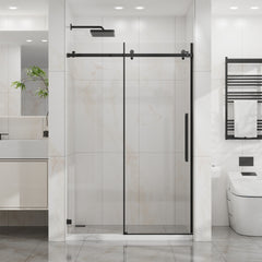 Goodyo 48" W x 72" H Sliding Shower Door, Frameless Sleek Glass Shower Door, 1/4" (6mm) Thick Tempered Clear Glass with Easy-clean Coating, Stainless Steel Hardware, Matte Black