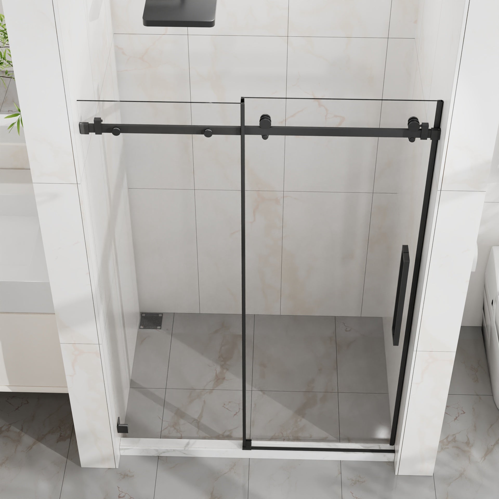 Goodyo 48" W x 72" H Sliding Shower Door, Frameless Sleek Glass Shower Door, 1/4" (6mm) Thick Tempered Clear Glass with Easy-clean Coating, Stainless Steel Hardware, Matte Black