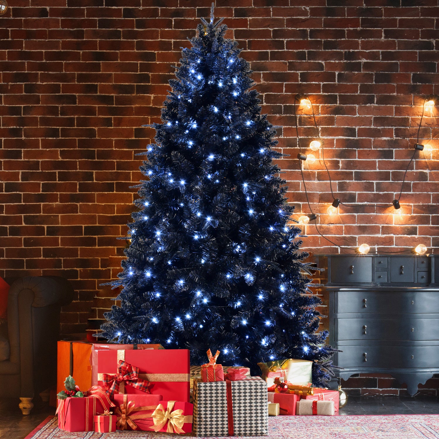 8ft Black Christmas Tree with 600 White LED Lights, 2486 Tips PE+PVC Artificial Tree for Halloween & Holiday Decor, Hinged Structure with Stable Metal Stand