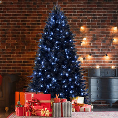 8ft Black Christmas Tree with 600 White LED Lights, 2486 Tips PE+PVC Artificial Tree for Halloween & Holiday Decor, Hinged Structure with Stable Metal Stand