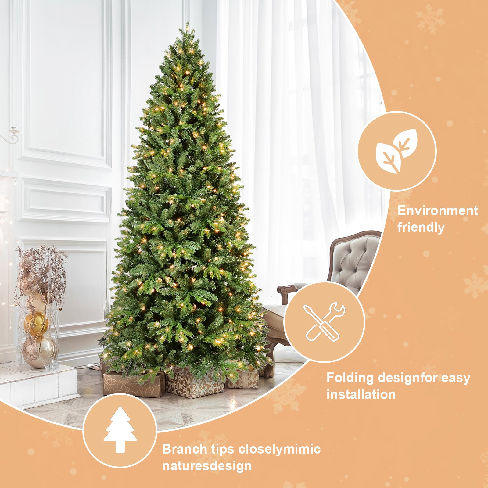 6FT Christmas Tree with 1032 Tips and 300 Warm White LED Lights – PVC+PE Mixed Branches, Hinged Structure for Easy Setup, Metal Stand for Strong Support, Lush Holiday Decoration