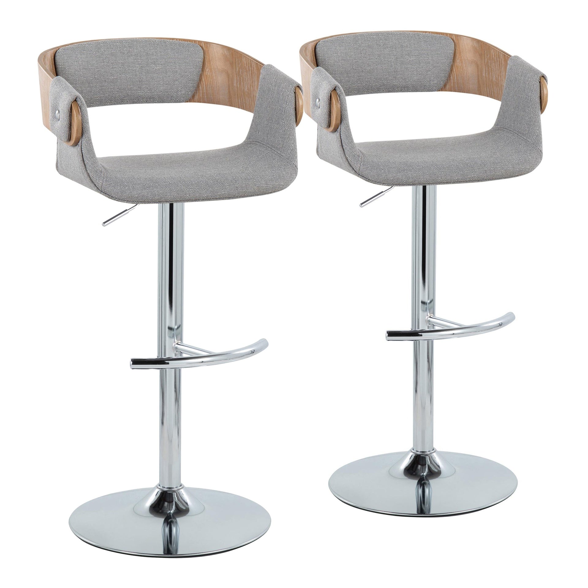 Elisa Mid-Century Modern Adjustable Barstool with Swivel in Chrome Metal, Whitewashed Wood and Grey Fabric with Rounded T Footrest by LumiSource - Set of 2