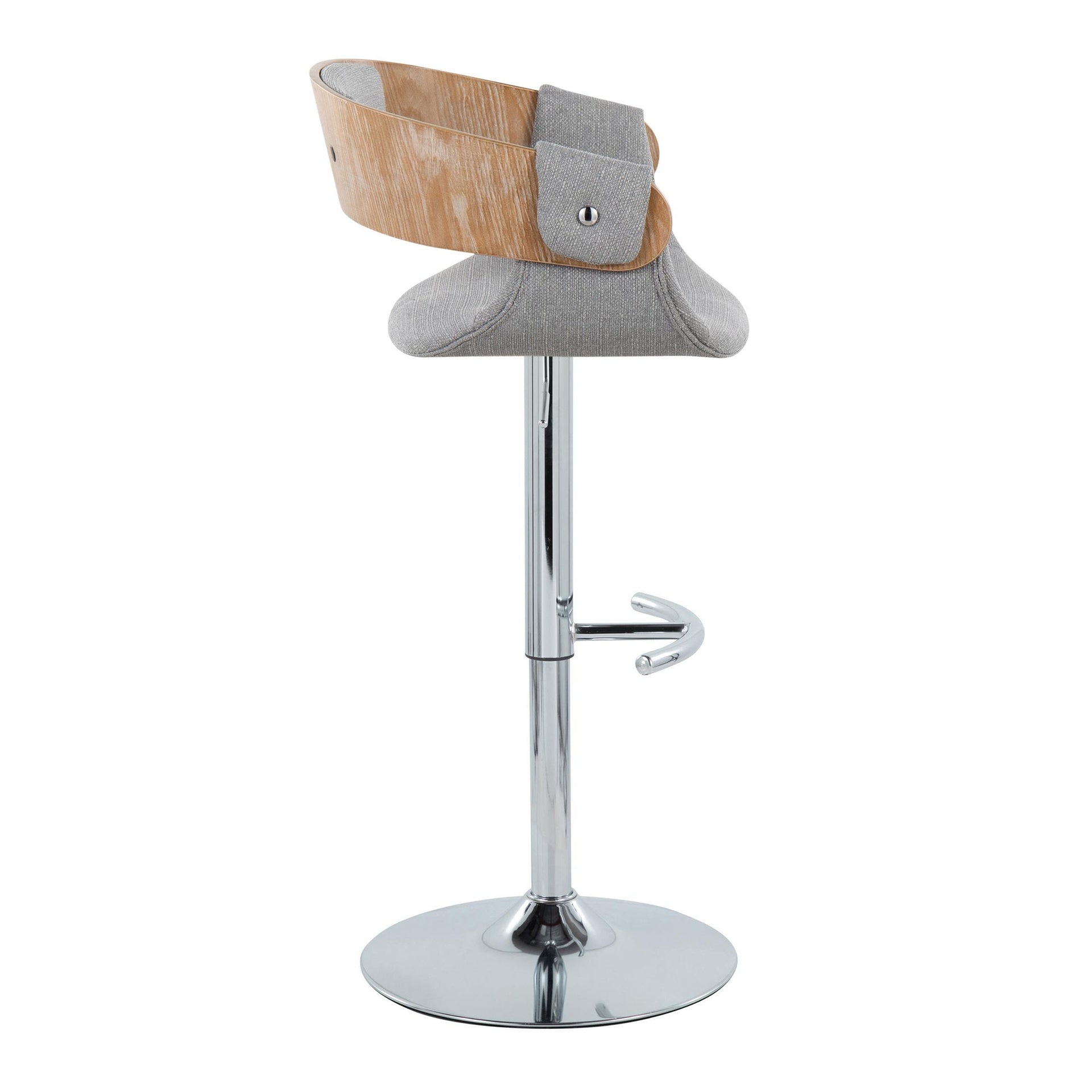 Elisa Mid-Century Modern Adjustable Barstool with Swivel in Chrome Metal, Whitewashed Wood and Grey Fabric with Rounded T Footrest by LumiSource - Set of 2
