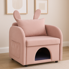 Velvet Pink Bunny-Ear Pet-Friendly Armchair with Built-in Cat & Dog Hideaway, Plush Dual-Use Sofa Chair with Side Pocket, 27.4 x 25.2 x 37.4 inch