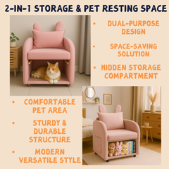 Velvet Pink Bunny-Ear Pet-Friendly Armchair with Built-in Cat & Dog Hideaway, Plush Dual-Use Sofa Chair with Side Pocket, 27.4 x 25.2 x 37.4 inch