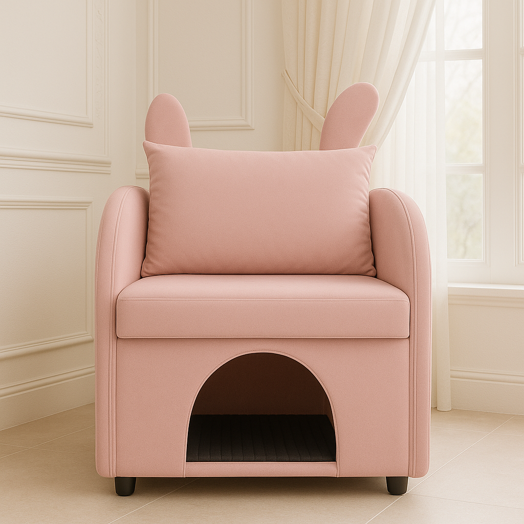 Velvet Pink Bunny-Ear Pet-Friendly Armchair with Built-in Cat & Dog Hideaway, Plush Dual-Use Sofa Chair with Side Pocket, 27.4 x 25.2 x 37.4 inch