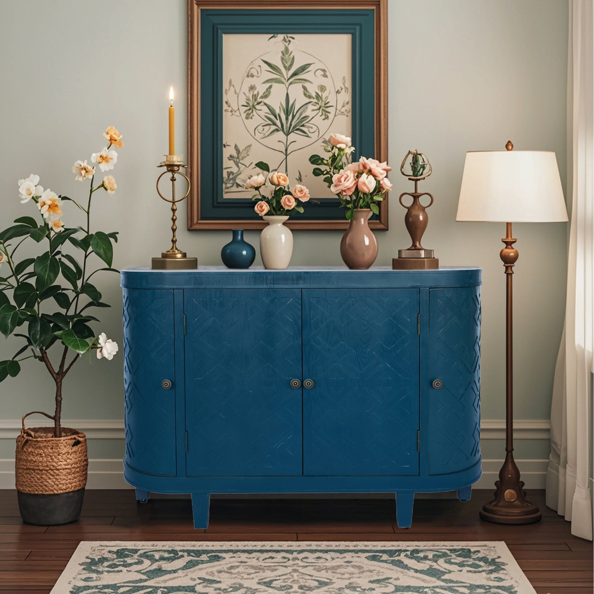 47''Oval Storage Cabinet with 4 Doors,Buffet Sideboard Cabinet with Storage, Fluted Accent Storage Cabinet with Curvy Edge, Sliding Door, Freestanding Credenza, Console Table for Living Room, Kitchen