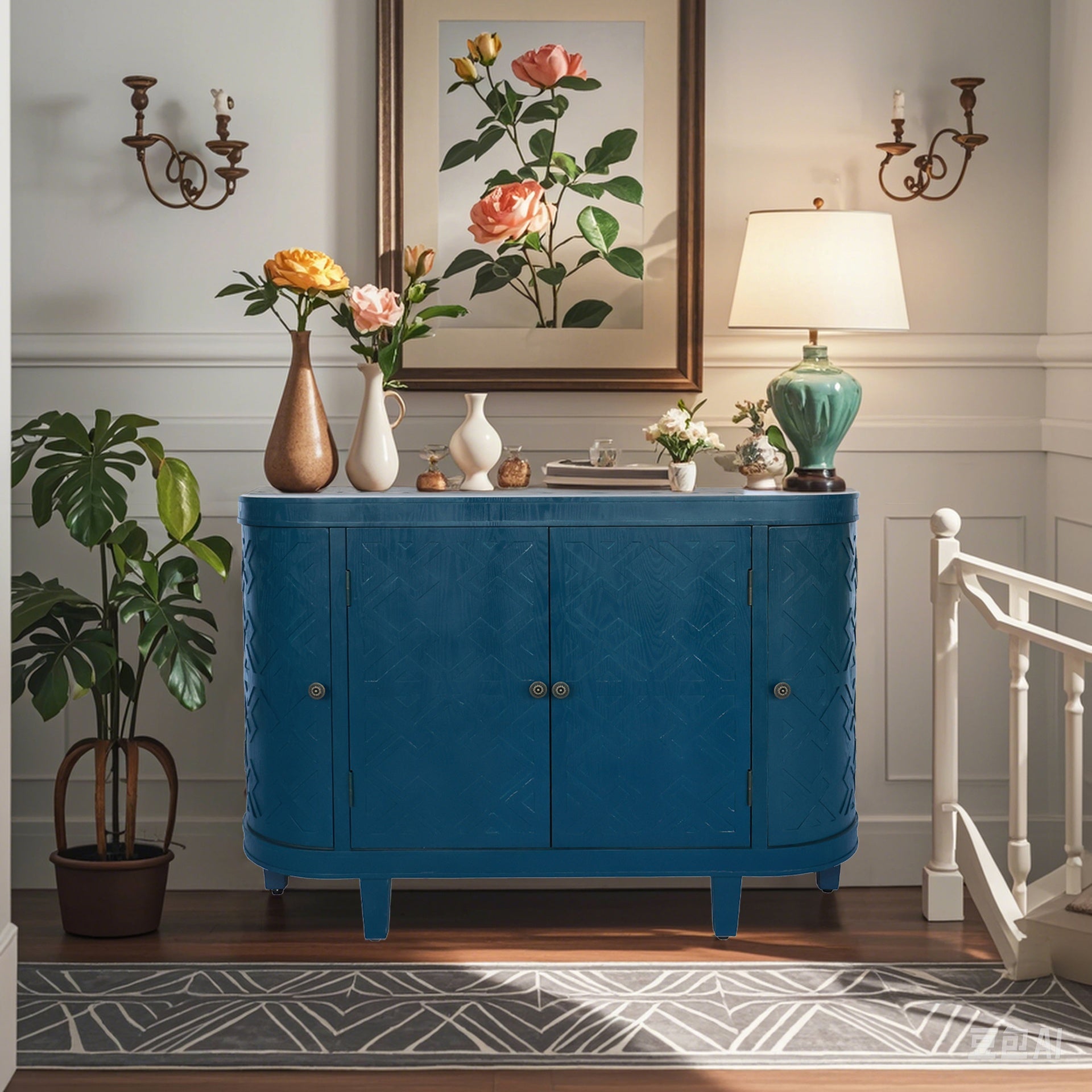47''Oval Storage Cabinet with 4 Doors,Buffet Sideboard Cabinet with Storage, Fluted Accent Storage Cabinet with Curvy Edge, Sliding Door, Freestanding Credenza, Console Table for Living Room, Kitchen