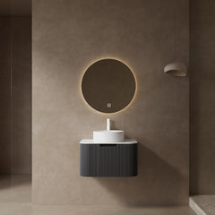 DINA 24" Bathroom Vanity with Sink, Modern Wall-Mounted Floating Curved Edges Striped Bathroom Storage Cabinet with a Drawer, White Round Ceramic Basin without Faucet, Pre-assembled, Black Color