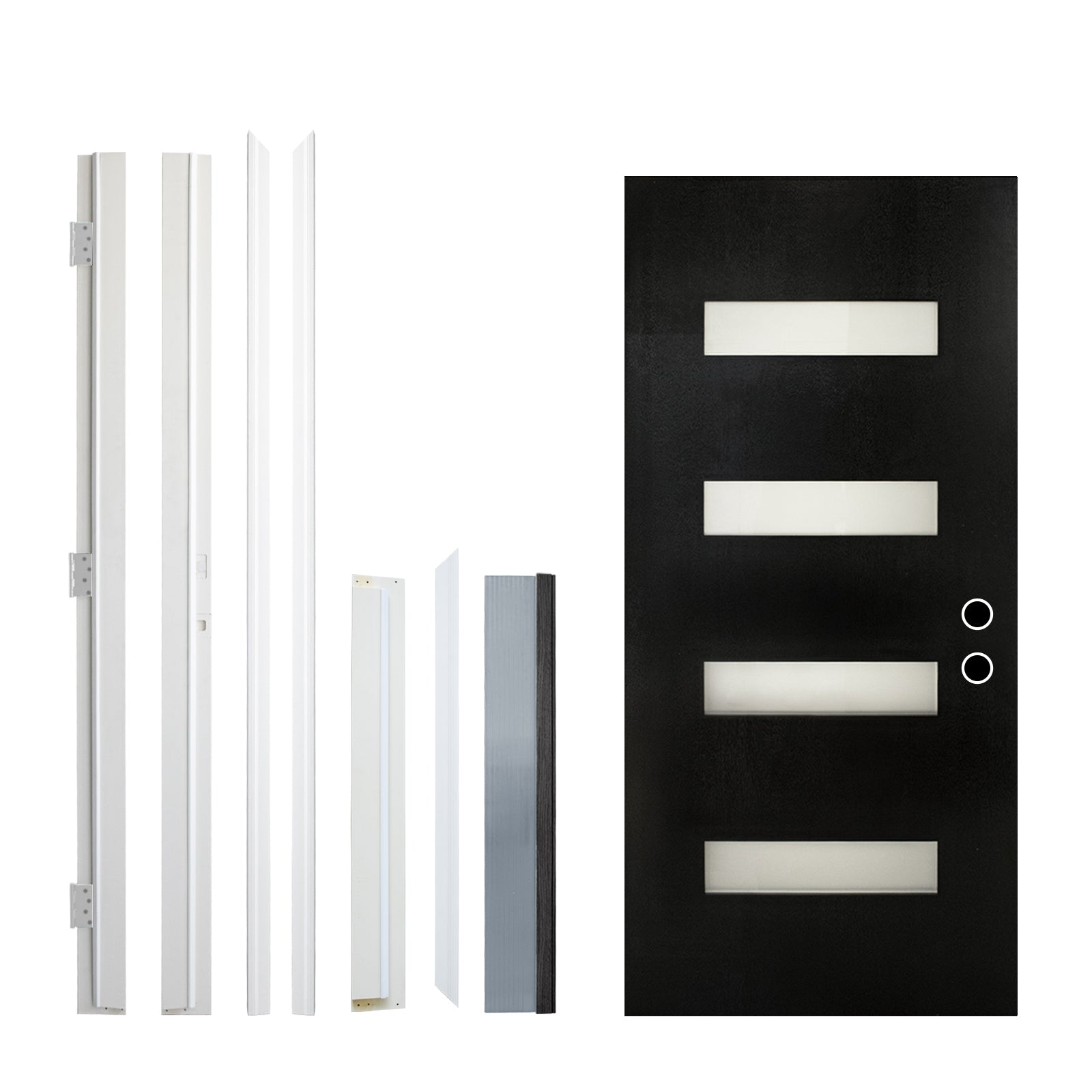 36 x 80 Fiberglass Entry Door with Brickmould, Frosted Glass, Black Finished Knock-Down Fiberglass Door - Contemporary Style for Home's Front Entrance, Left Hand Inswing with White Vinyl Frame