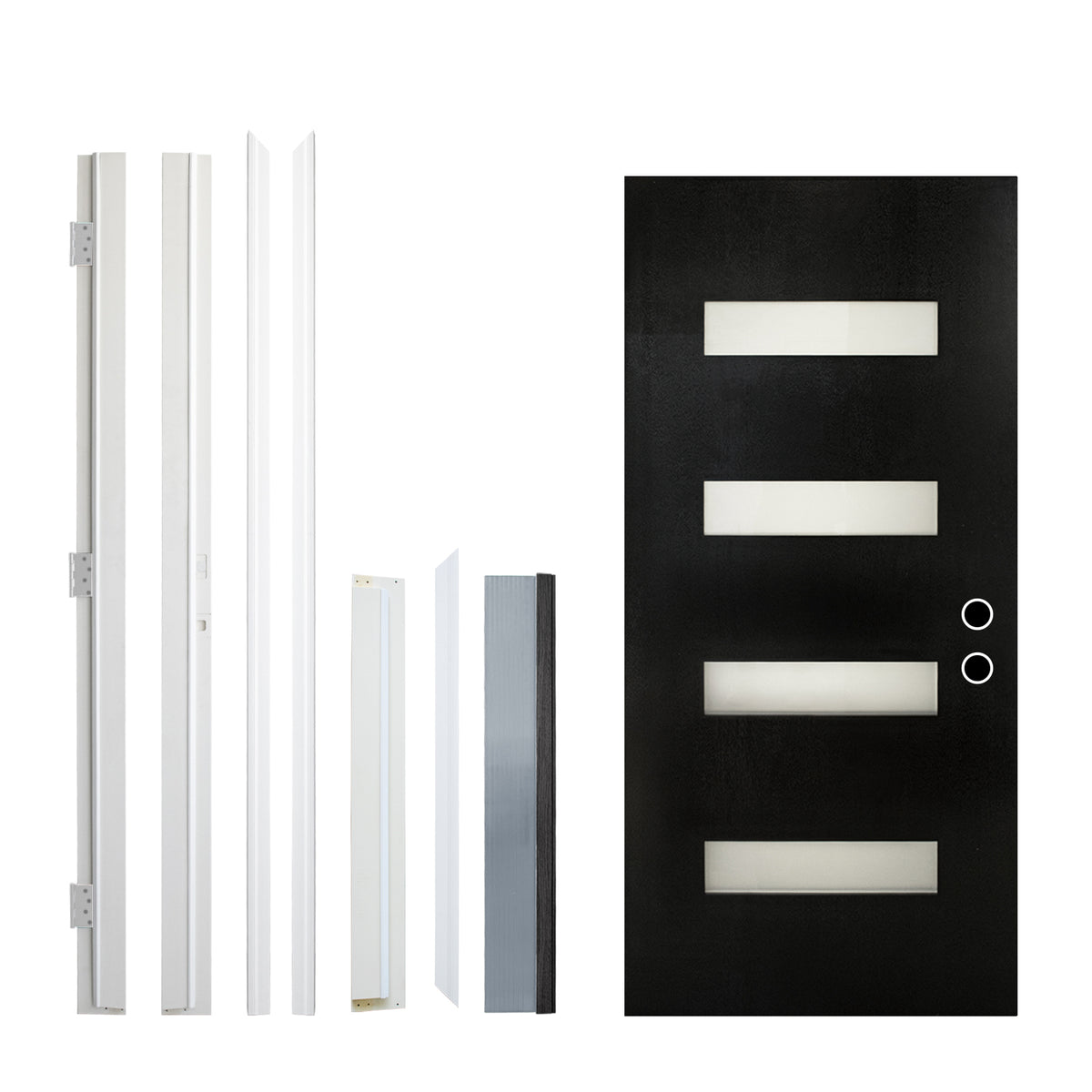 36 x 80 Fiberglass Entry Door with Brickmould, Frosted Glass, Black Finished Knock-Down Fiberglass Door - Contemporary Style for Home's Front Entrance, Left Hand Inswing with White Vinyl Frame