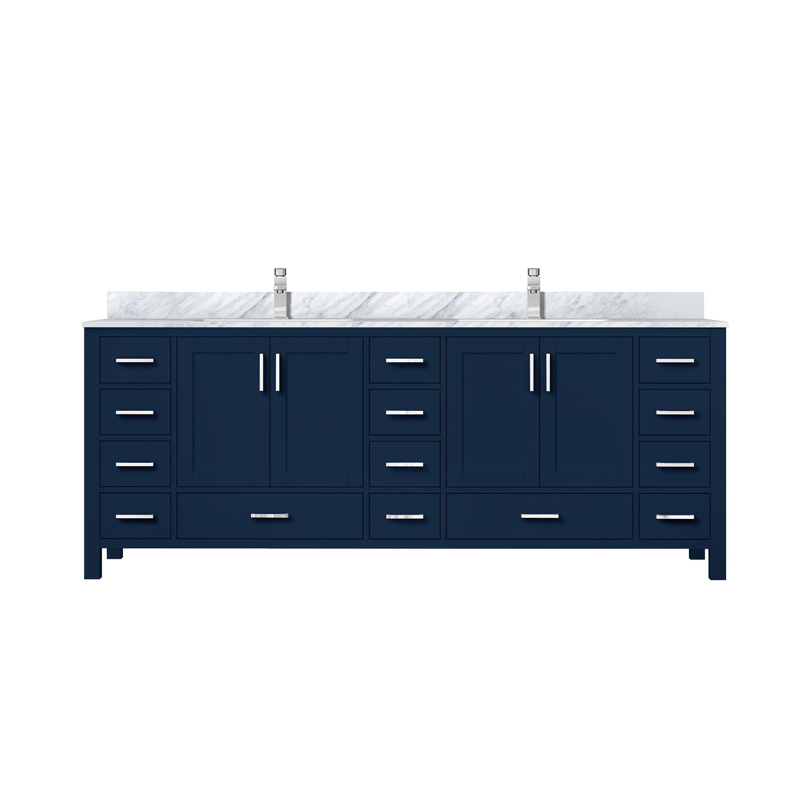 Navy Blue Double Bath Vanity 84 in. W x 22 in. D, Carrara Marble Top, and Faucet Set