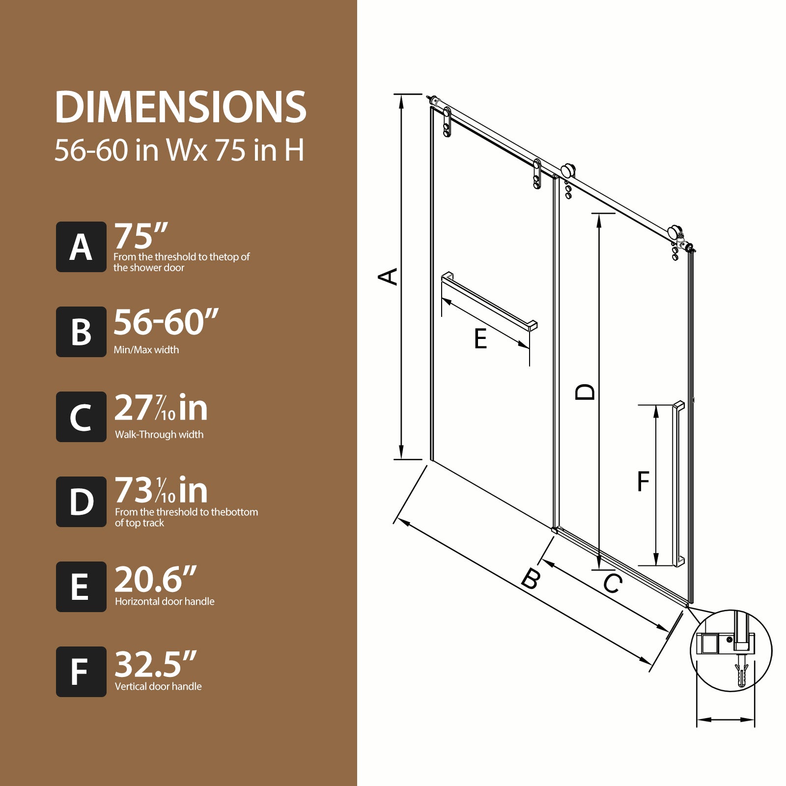 56"-60" W x 75" H Frameless Sliding Shower Door, Matte Black Shower Screen, 5/16" (8mm) Clear Tempered Glass With Explosion-proof Film
