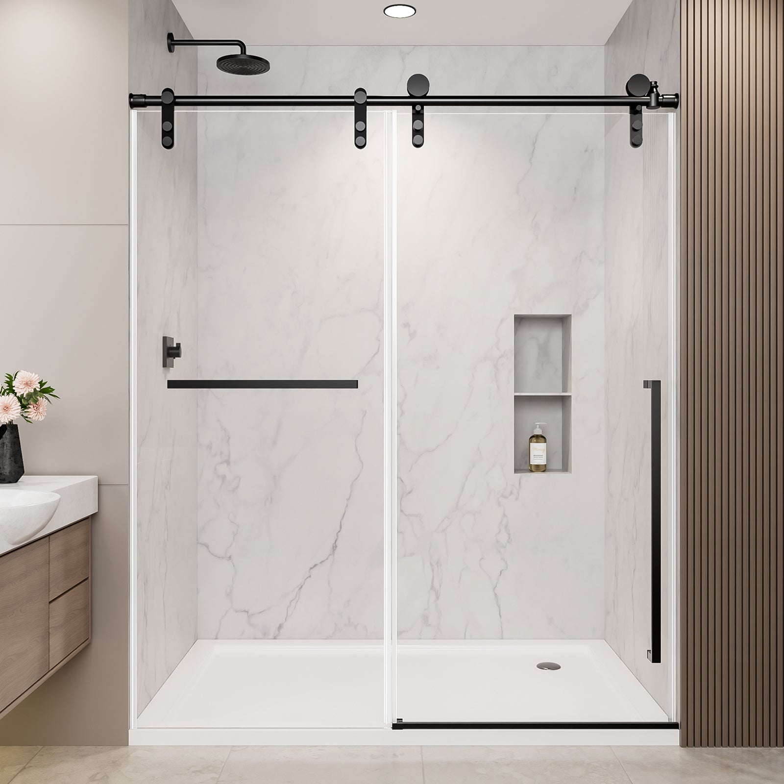 56"-60" W x 75" H Frameless Sliding Shower Door, Matte Black Shower Screen, 5/16" (8mm) Clear Tempered Glass With Explosion-proof Film