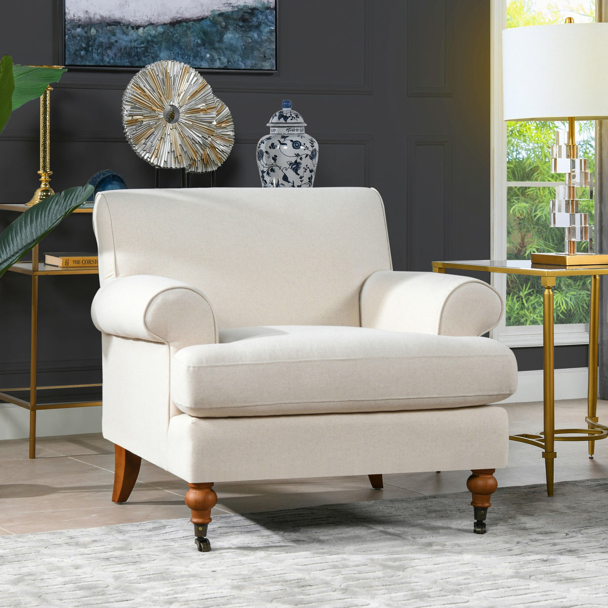Alana 38" Lawson Accent Arm Chair Metal Casters, Light Beige Linen