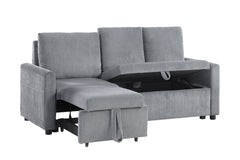 Ottavio 70"W Gray Corduroy Sofa with Pull-Out Chaise, Underseat Storage, Side Pocket