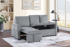 Ottavio 70"W Gray Corduroy Sofa with Pull-Out Chaise, Underseat Storage, Side Pocket