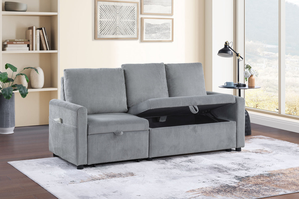 Ottavio 70"W Gray Corduroy Sofa with Pull-Out Chaise, Underseat Storage, Side Pocket