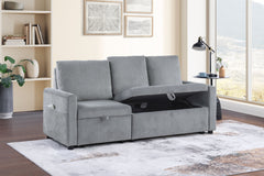 Ottavio 70"W Gray Corduroy Sofa with Pull-Out Chaise, Underseat Storage, Side Pocket