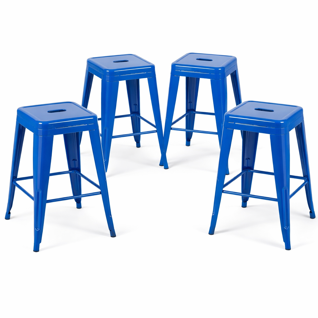 24 Inch Counter Height Stool, Backless Metal Bar Stools Set of 4, Non-Stackable, Detachable & Easy Assembly, Space-Saving Design for Kitchen Island/Bar/Café/Dining Room (Blue)