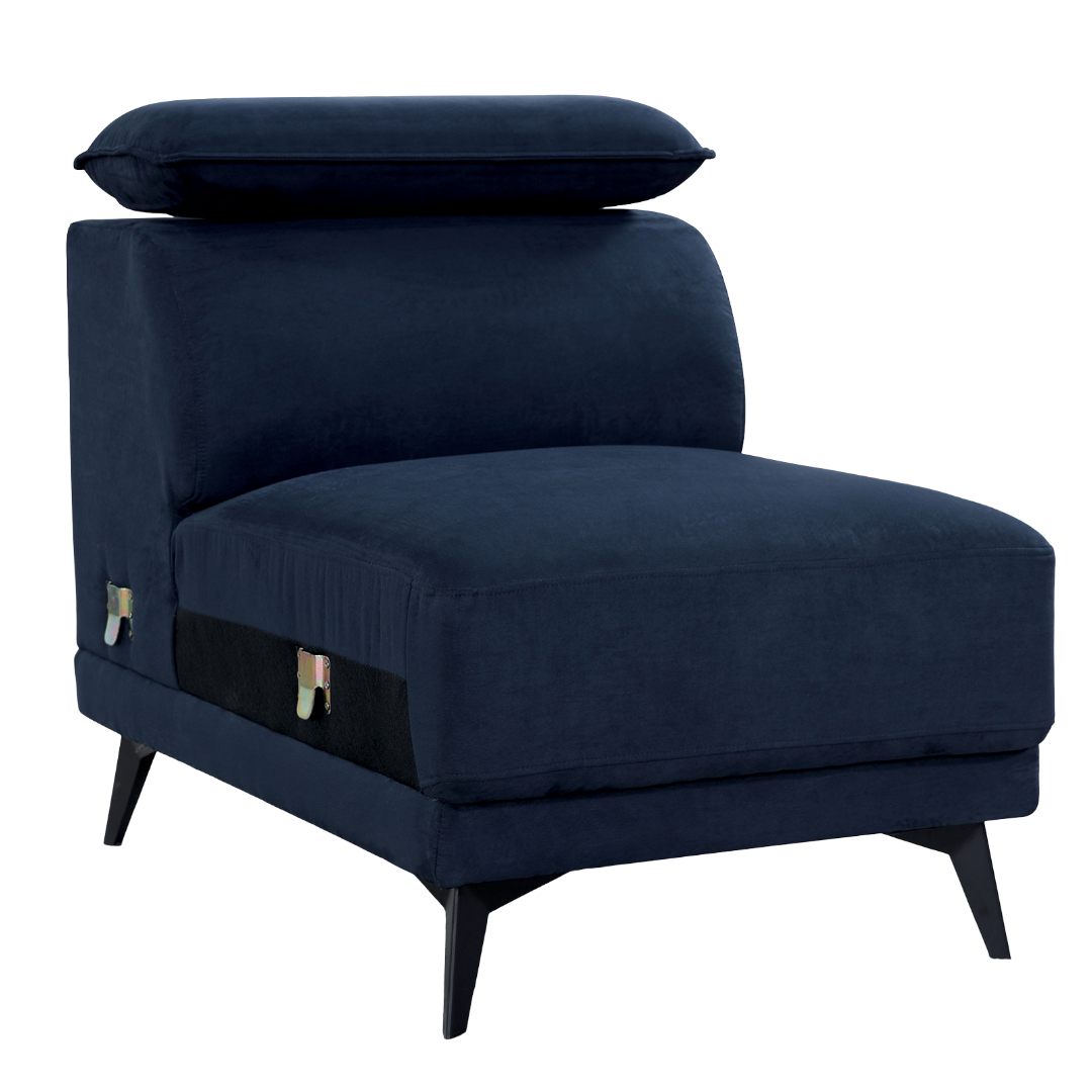 Contemporary Style Armless Chair Steel Legs Tight Back Cushion Pillow On Armrest Adjustable Headrest Navy Finish Primary Living Room