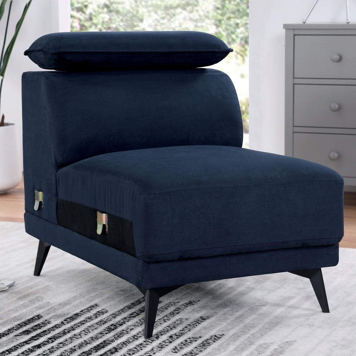 Contemporary Style Armless Chair Steel Legs Tight Back Cushion Pillow On Armrest Adjustable Headrest Navy Finish Primary Living Room