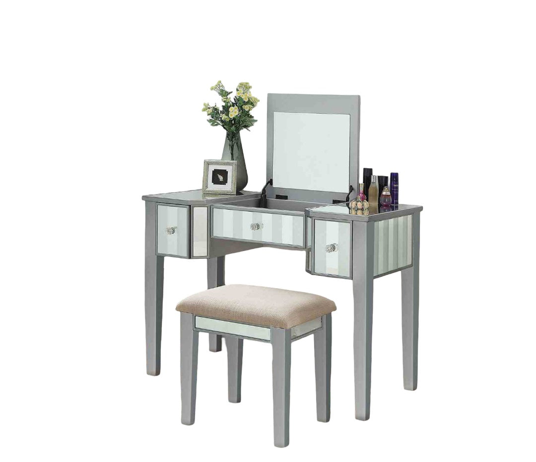 Transitional Style  1pc Vanity w/ Stool Set Core Design Storage Drawers Central Mirror Padded Stool Silver Finish Bedroom Furniture