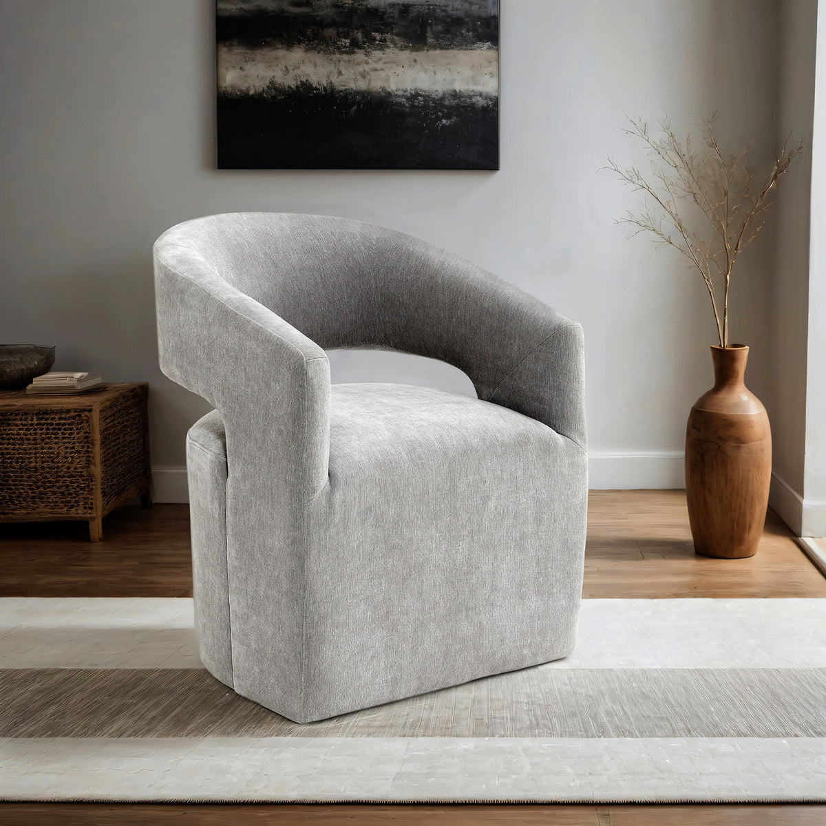 Light Gray Finish 1pc Arm Chair Pedestal Base w/ Casters Round Seat Textured Fabric Contemporary Bedroom Furniture