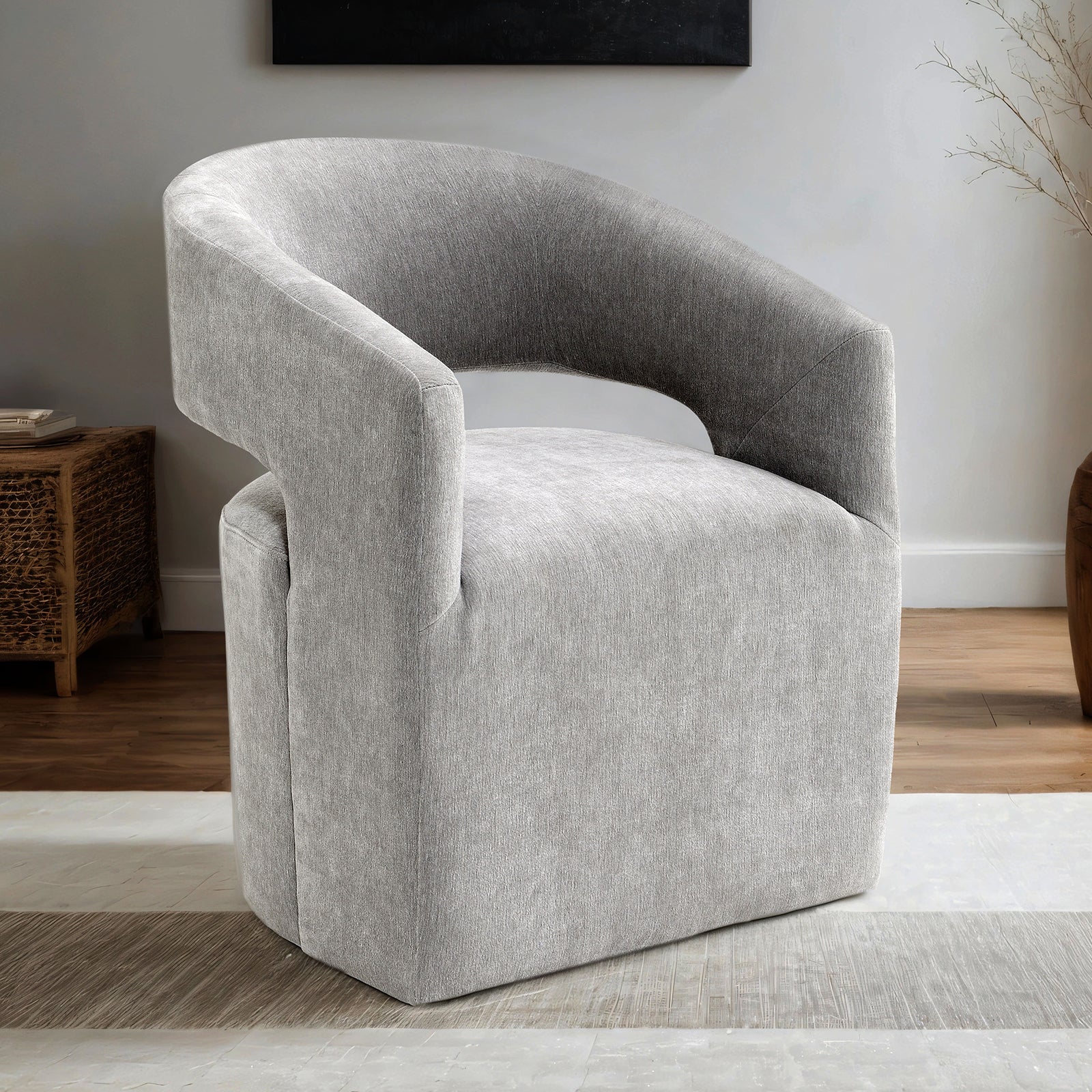 Light Gray Finish 1pc Arm Chair Pedestal Base w/ Casters Round Seat Textured Fabric Contemporary Bedroom Furniture
